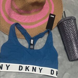 DKNY Teal Blue Racerback Sports Bralette with White Logo Band